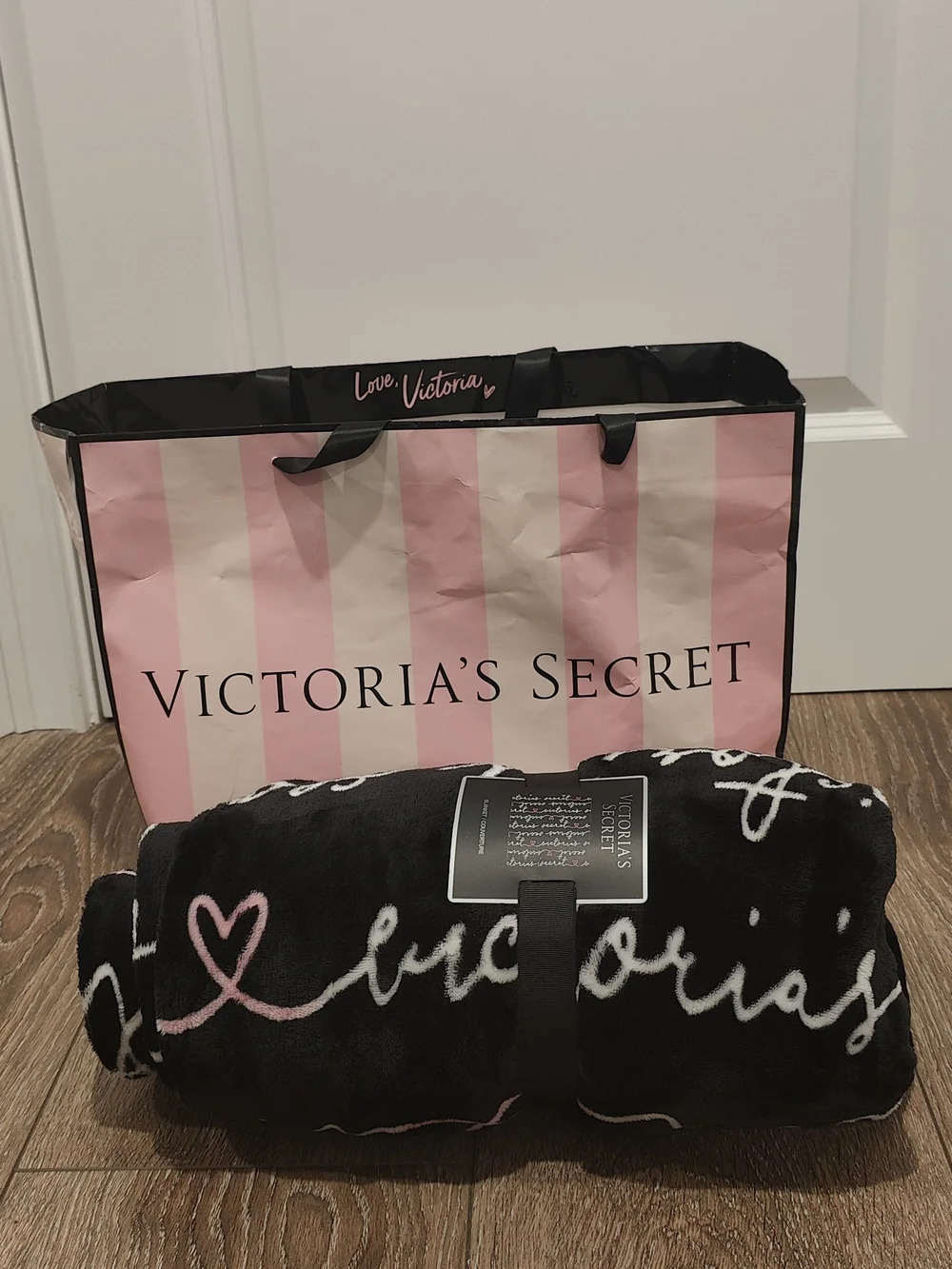 Victoria's Secret Black Plush Throw Blanket with Pink Script.